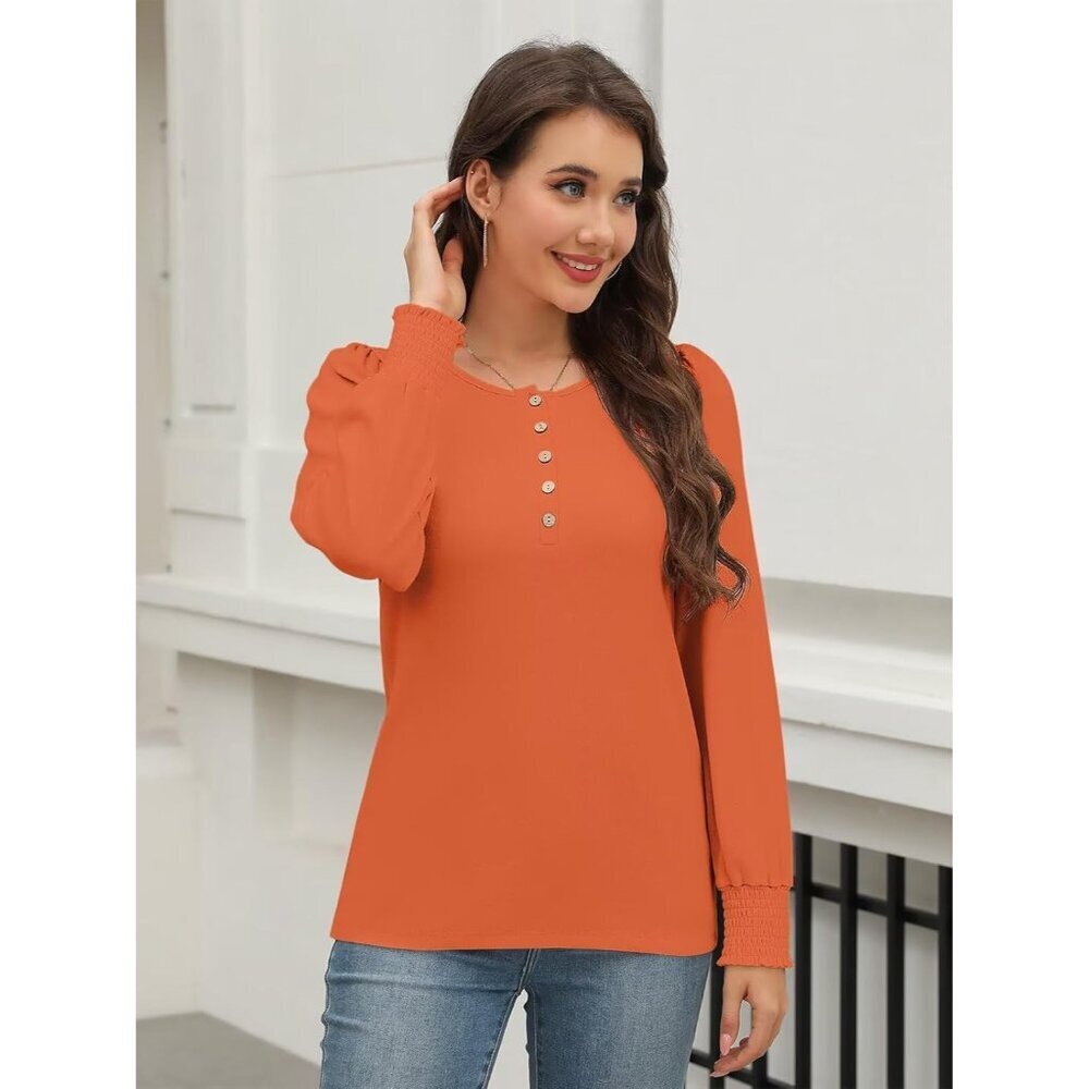 Womens Long Sleeve Henley Blouse Smocked Puff Sleeve Casual Top - Picture 3 of 6